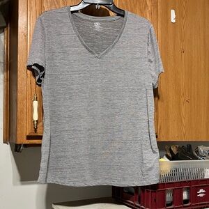 Athletic Works Gray Striped V-Neck Tee